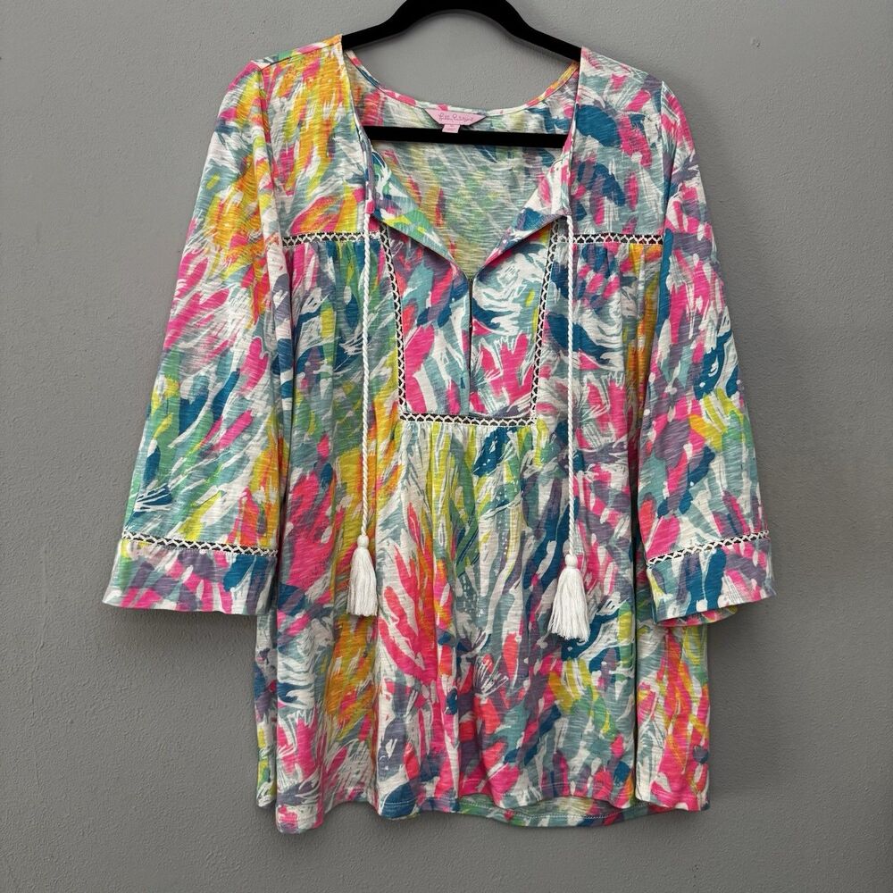 Lilly Pulitzer Colorful Abstract Paint Splash Slub Cotton Tassel Tunic Blouse XL - Picture 2 of 11